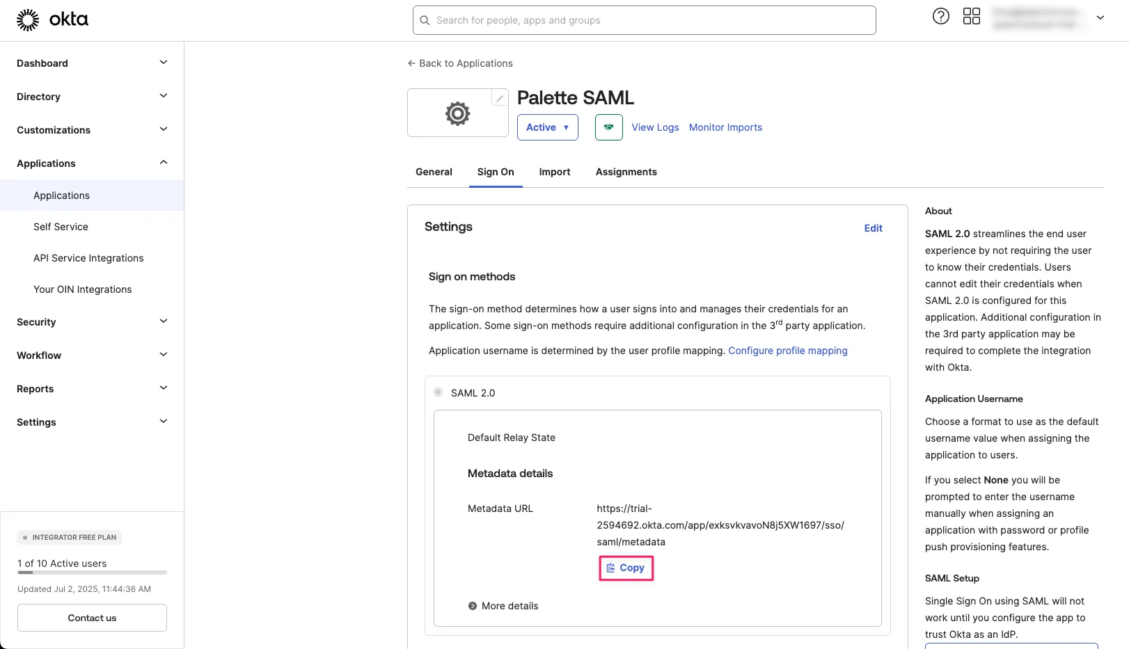 Copy Okta SAML Metadata