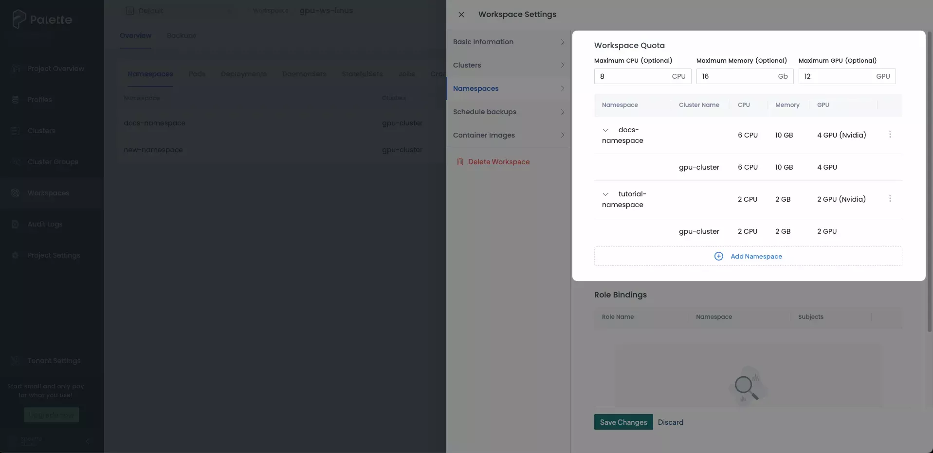 Workspace Settings pane displaying Workspace Quota section with values